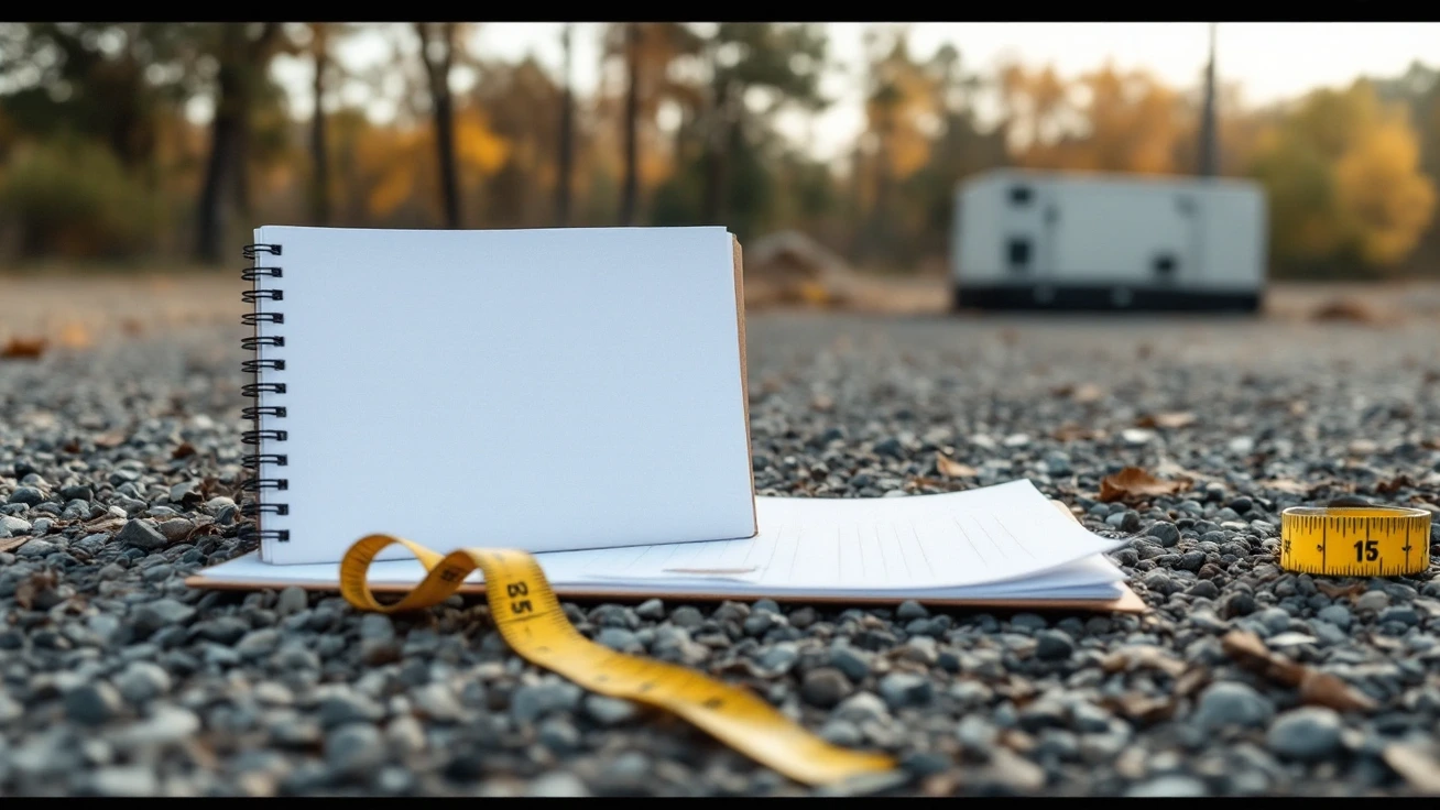 Blank notebook and tape measure in a wide gravel yard.