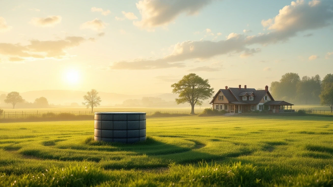 Well casing in a green field with a farmhouse in the distance at sunrise