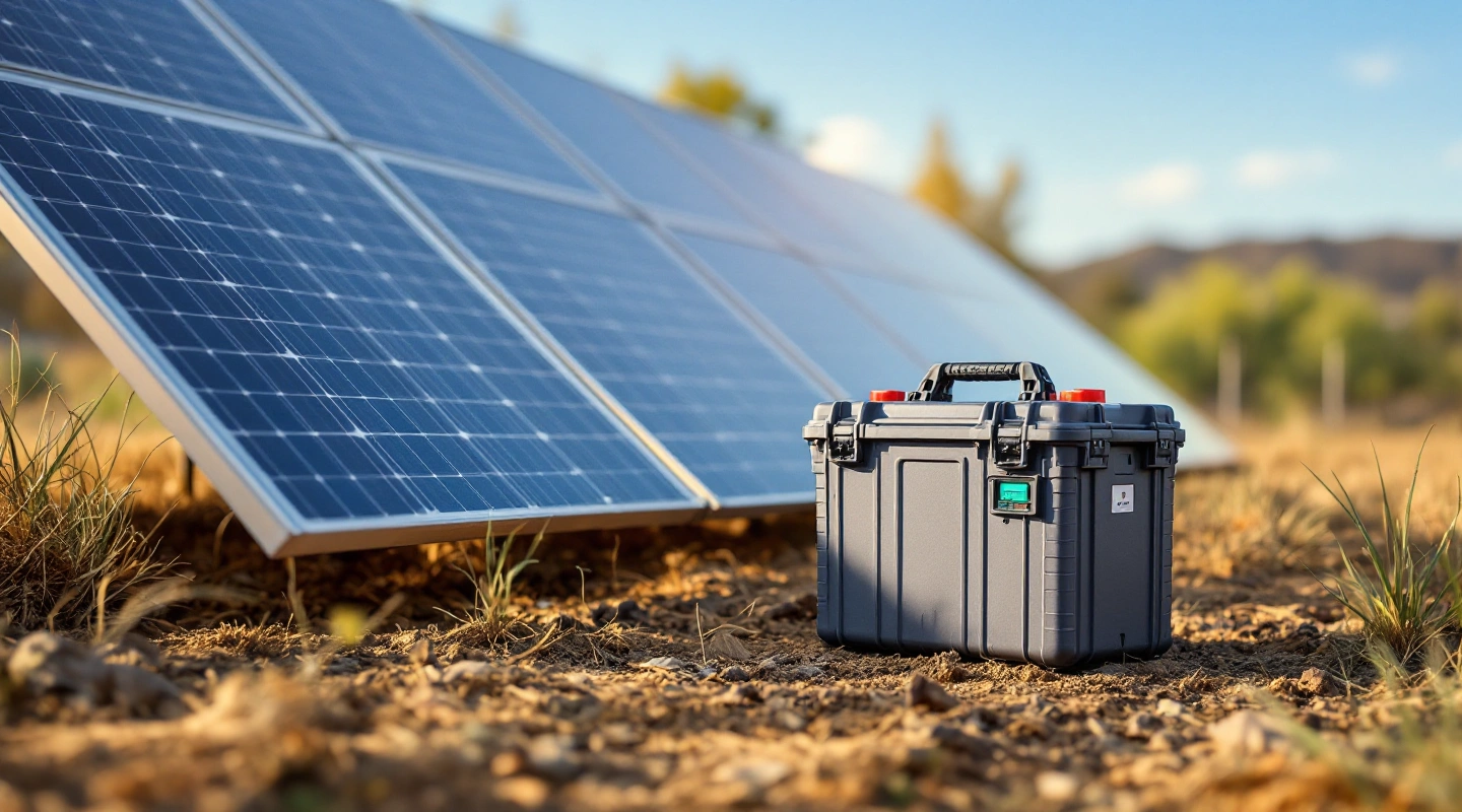 Portable case and solar panels in a dry outdoor setting.