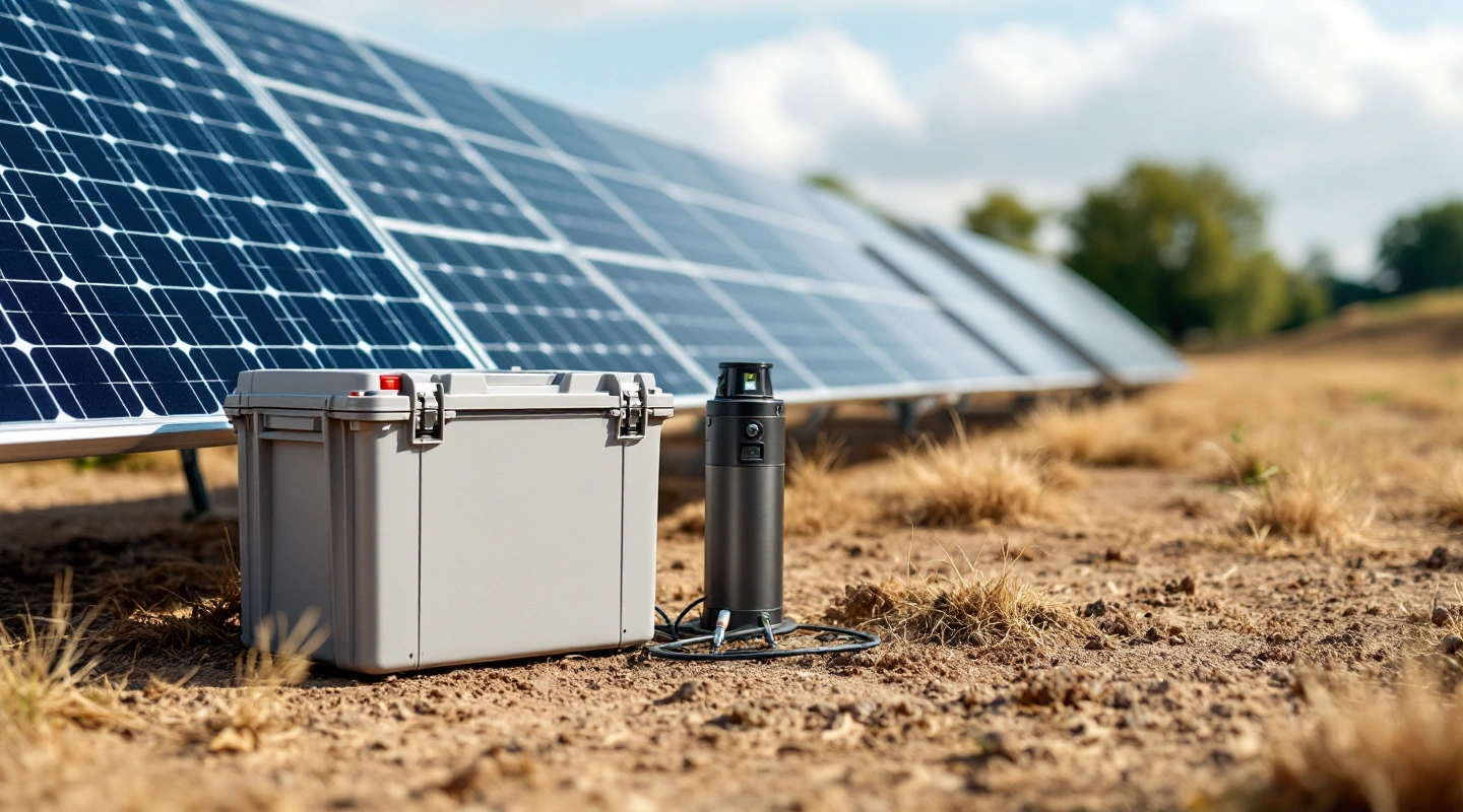 Portable case and solar panels in a natural outdoor landscape.