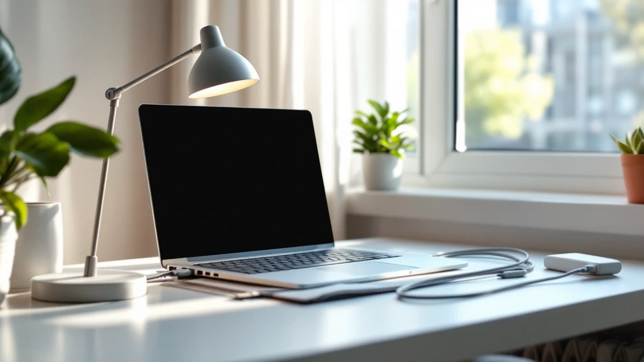 Laptop and charging cable on a desk beside a bright window