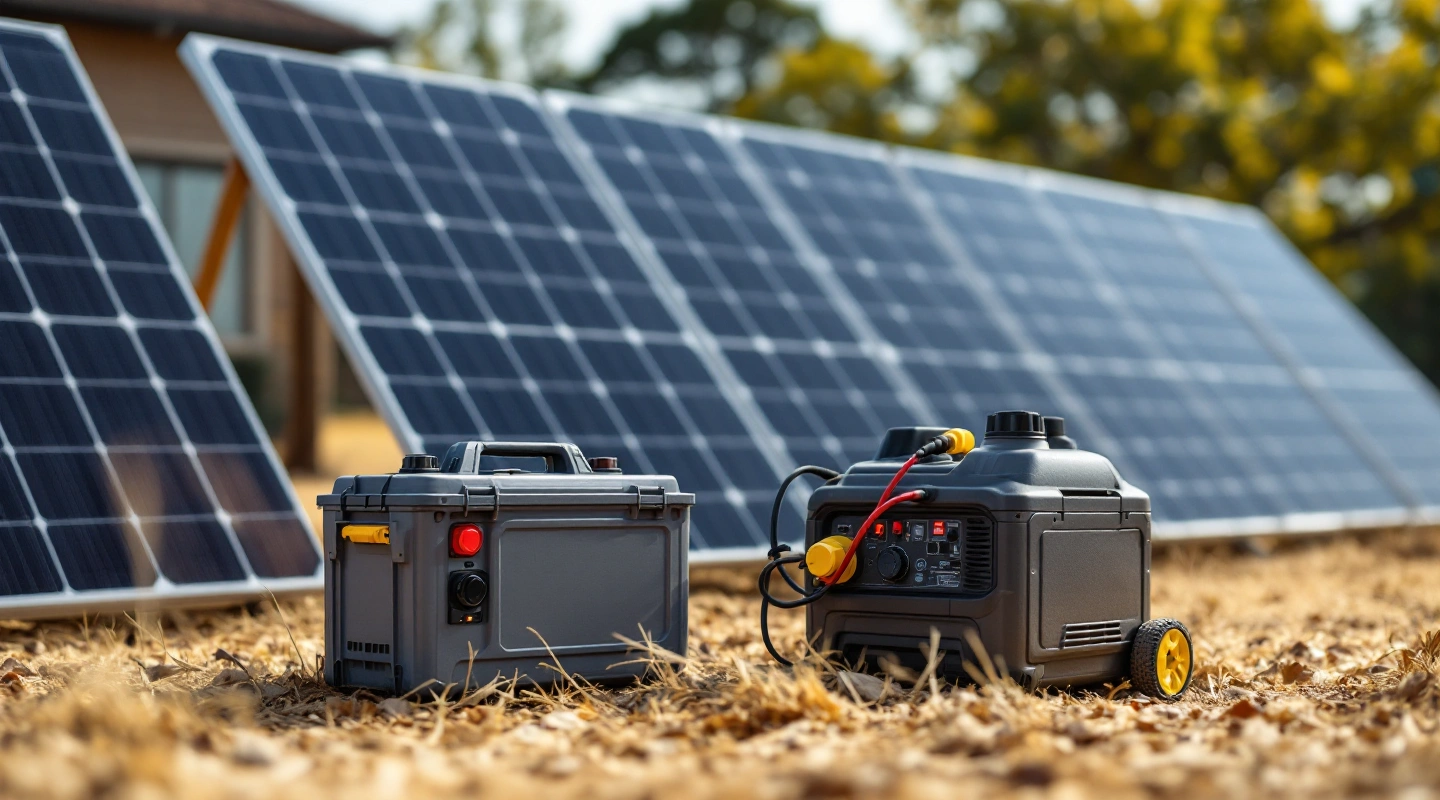 Two portable cases near solar panels on dry ground.