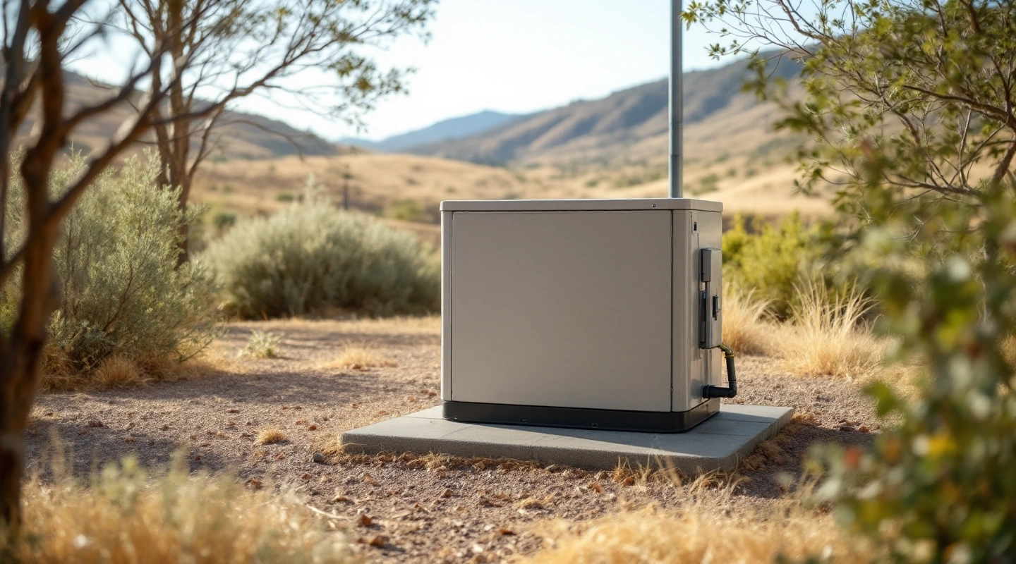 Closed utility enclosure in an open dry landscape.