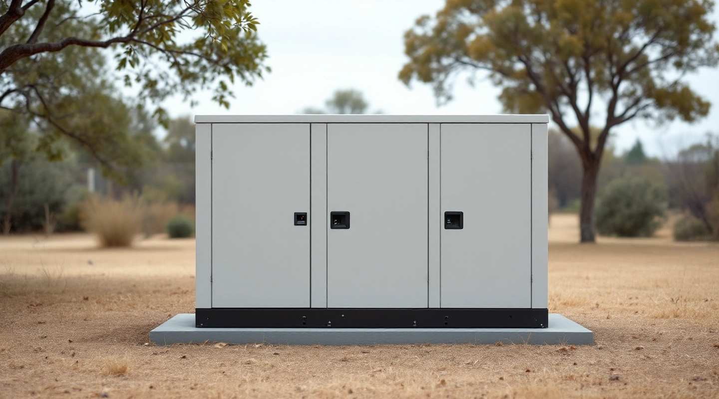 Closed gray utility enclosure in a broad outdoor setting.