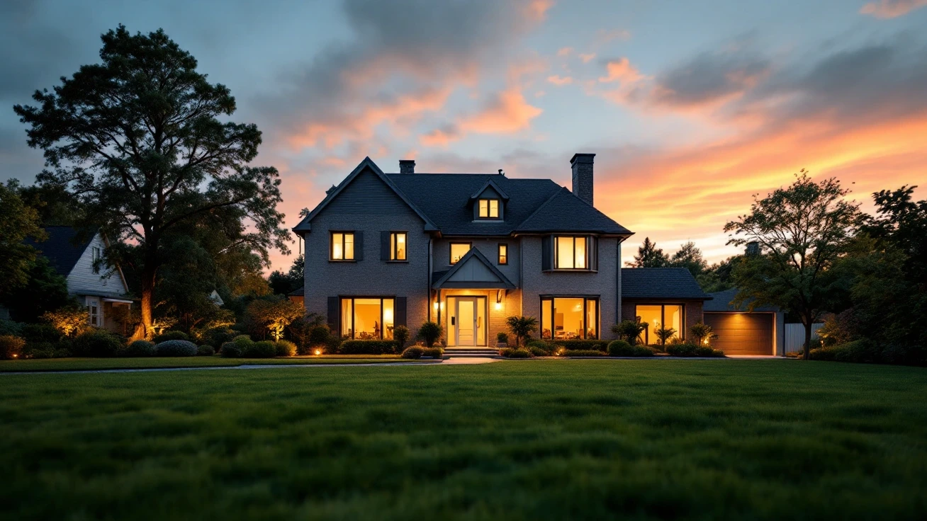 Two-story house with lit windows at dusk behind a lawn