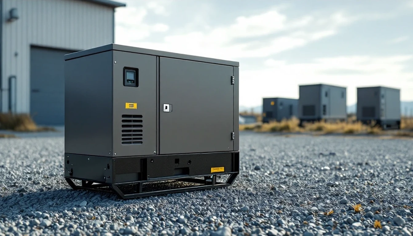Enclosed gray backup unit on a gravel equipment yard, with a building and other units behind it
