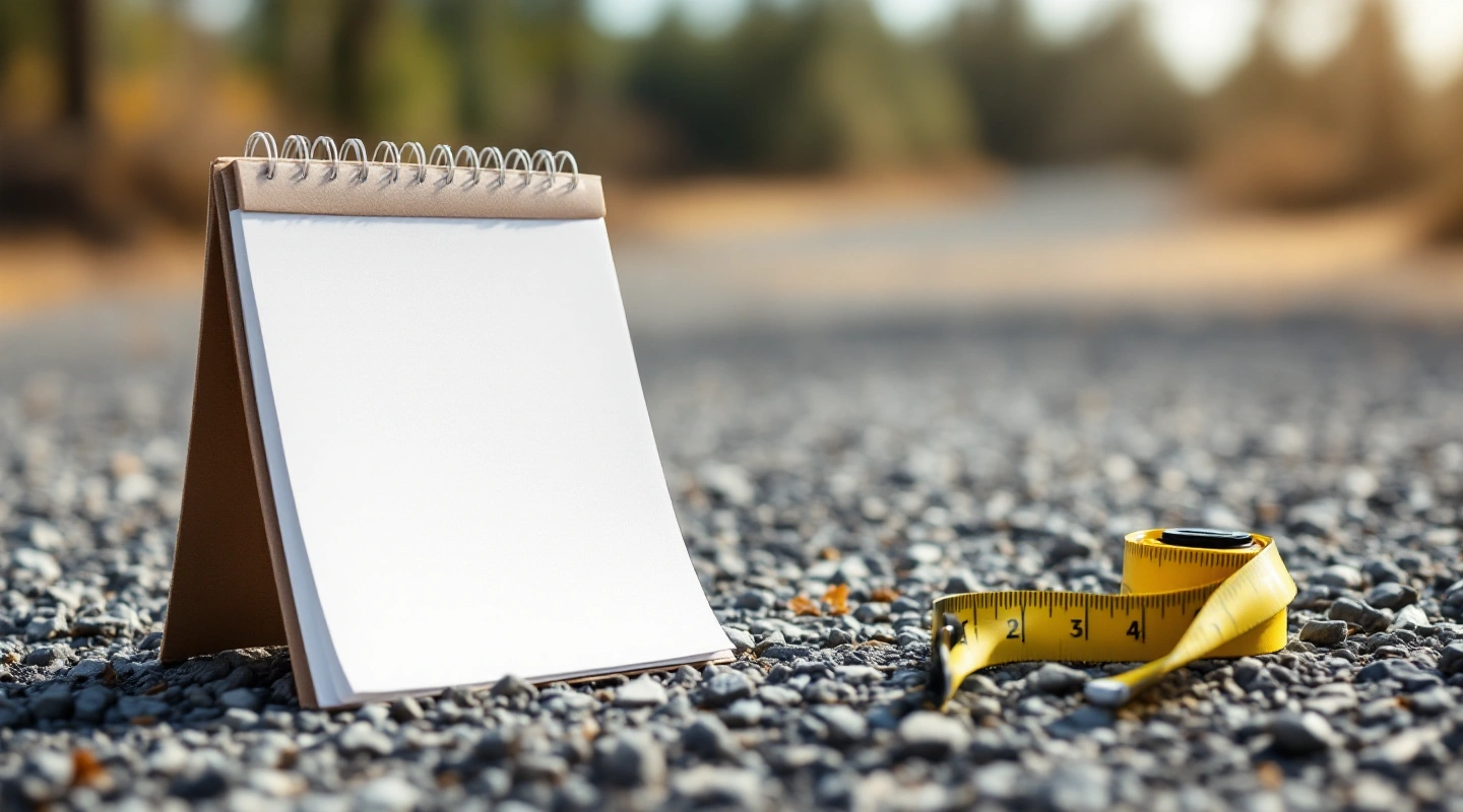 Blank spiral notebook and tape measure on open gravel.