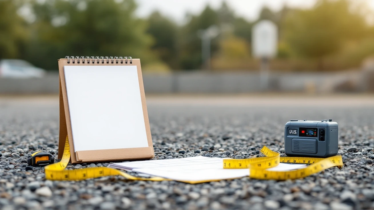 Notebook, tape measure and a small power station on gravel