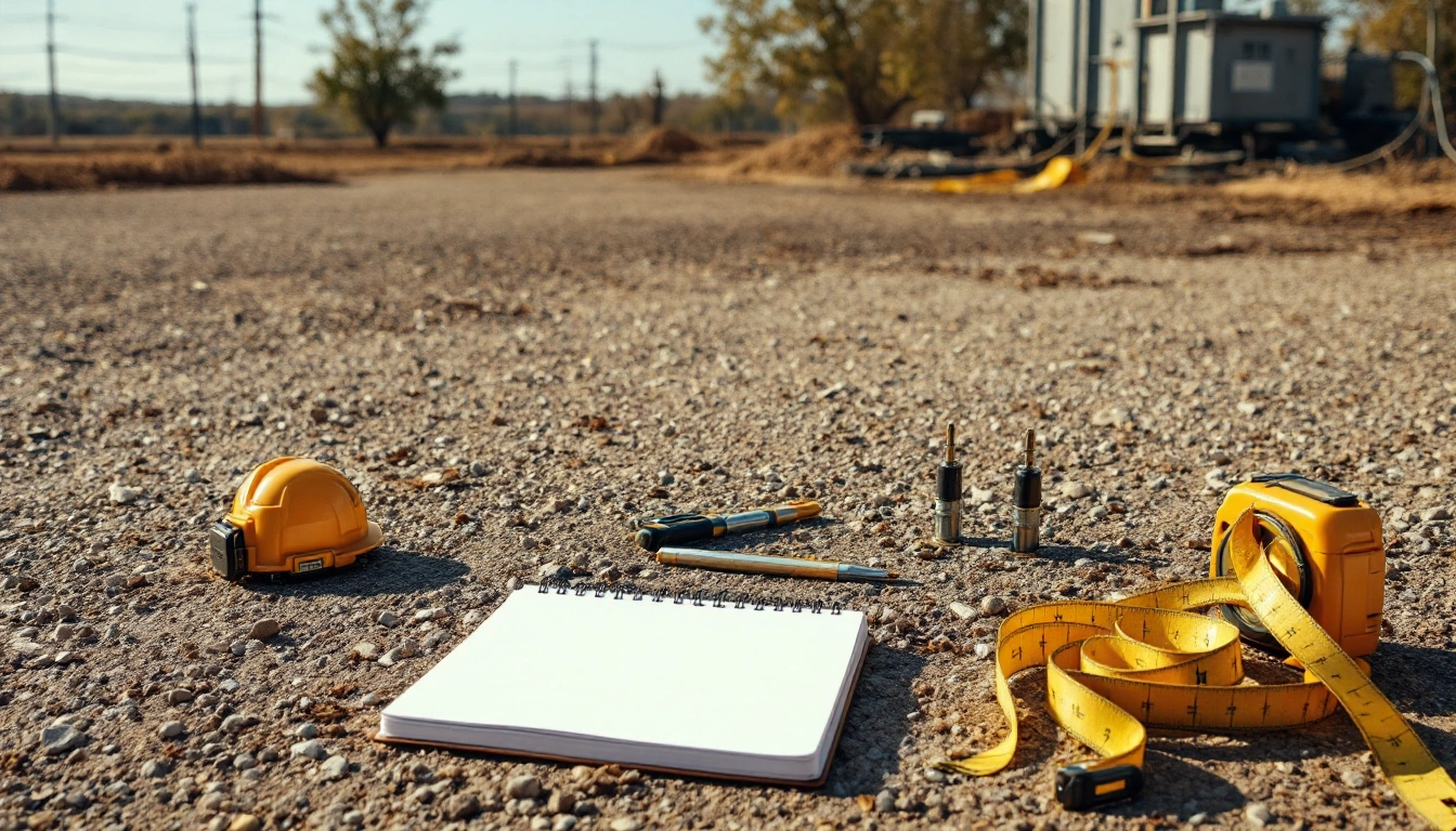 Notebook, tape measure, hard hat and tools on open gravel.