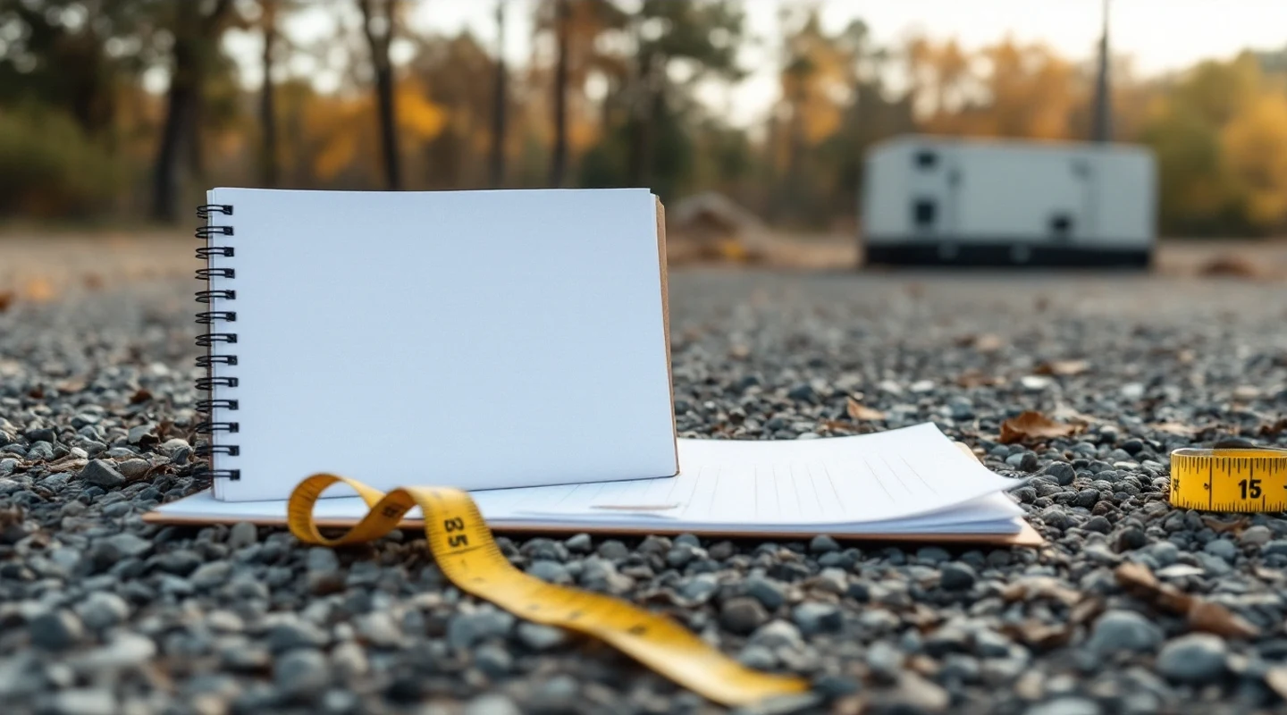 Blank notebook and tape measure on gravel, with a blurred closed enclosure in the background.