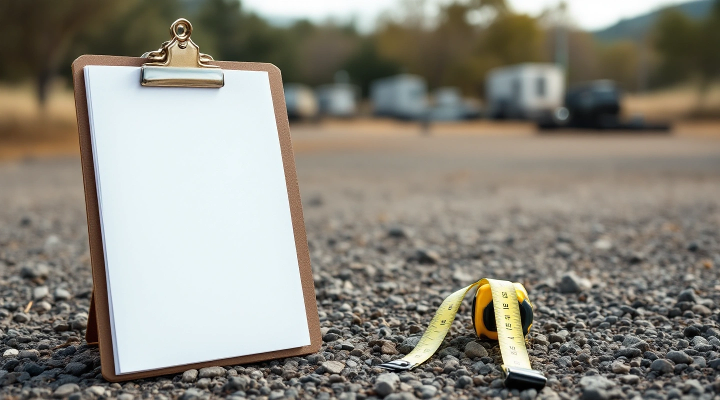 Blank notebook and tape measure in a broad gravel yard.