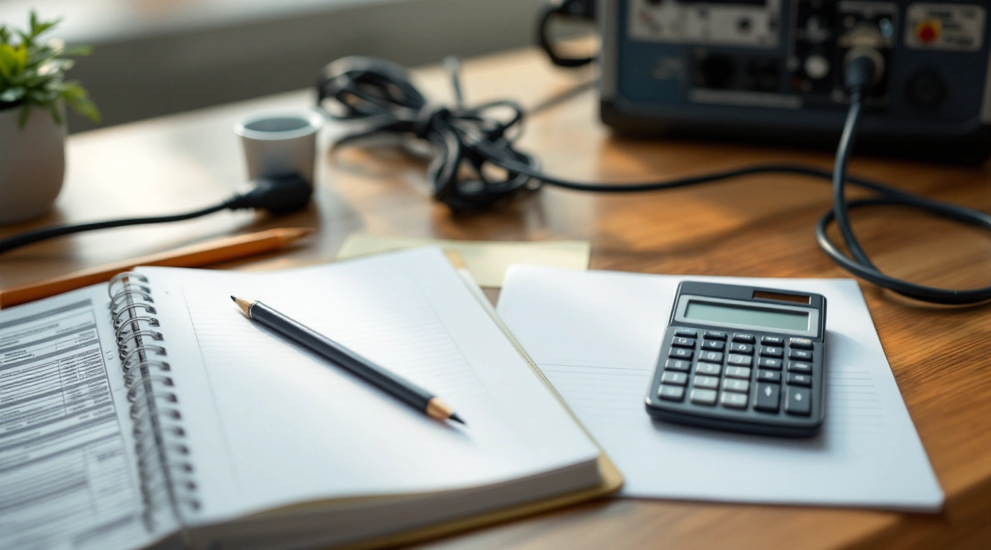 Open notebook, pencil and calculator on a planning desk.