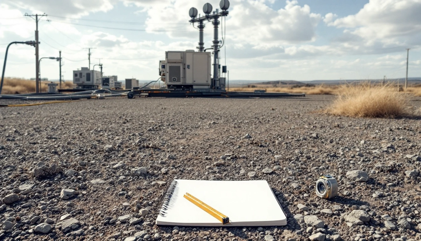 Notebook and pencil on gravel with distant outdoor equipment.