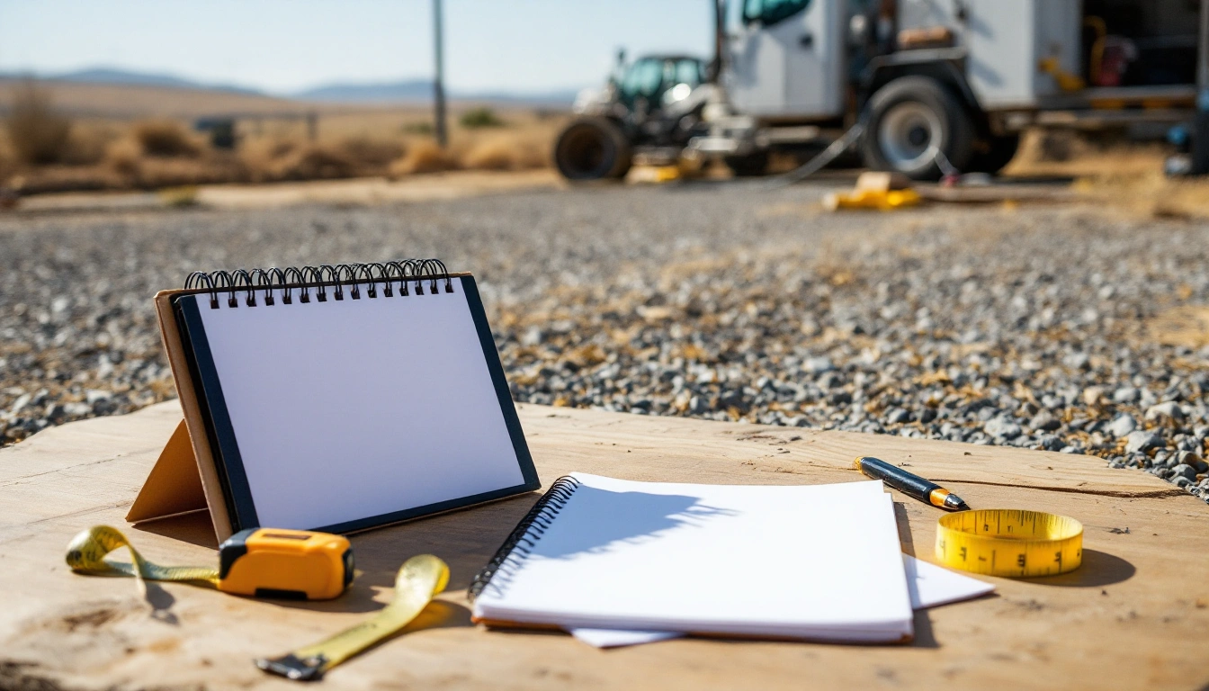 Blank notebook and tape measure on gravel beside an equipment area.
