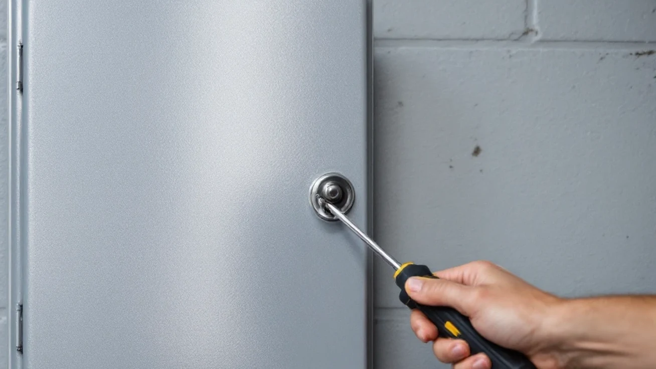 Hand with a screwdriver beside a closed grey electrical panel on a garage wall