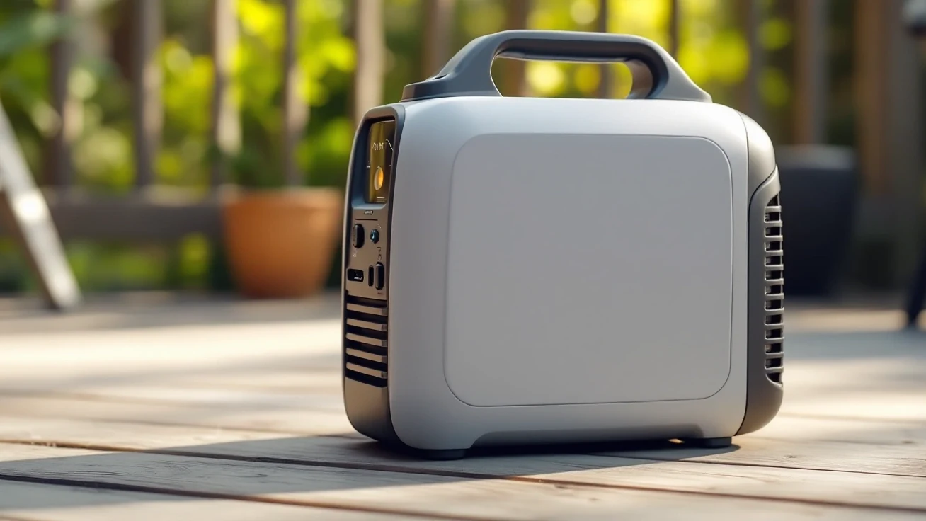 Small grey portable inverter generator with a carry handle on a backyard deck