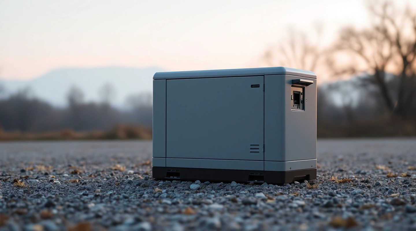 Grey portable generator sitting outdoors on gravel at dusk