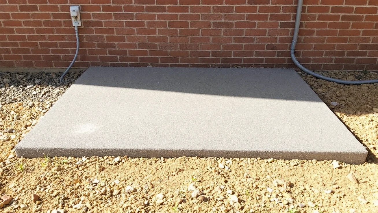 Fresh concrete pad beside a brick house wall with an electrical conduit
