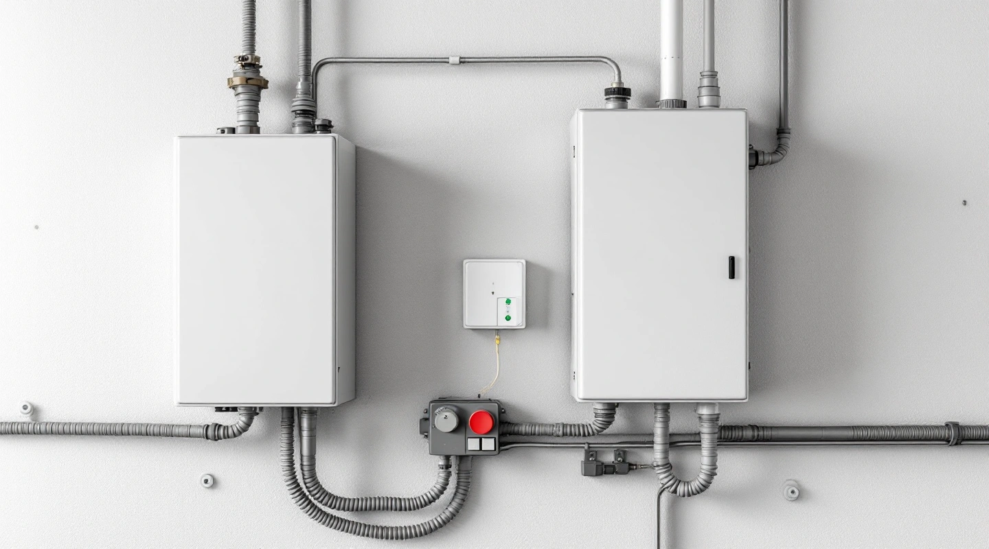 Two closed wall-mounted enclosures in a utility area.