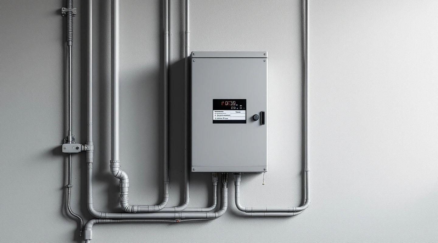Closed gray enclosure and conduit on a utility-room wall.