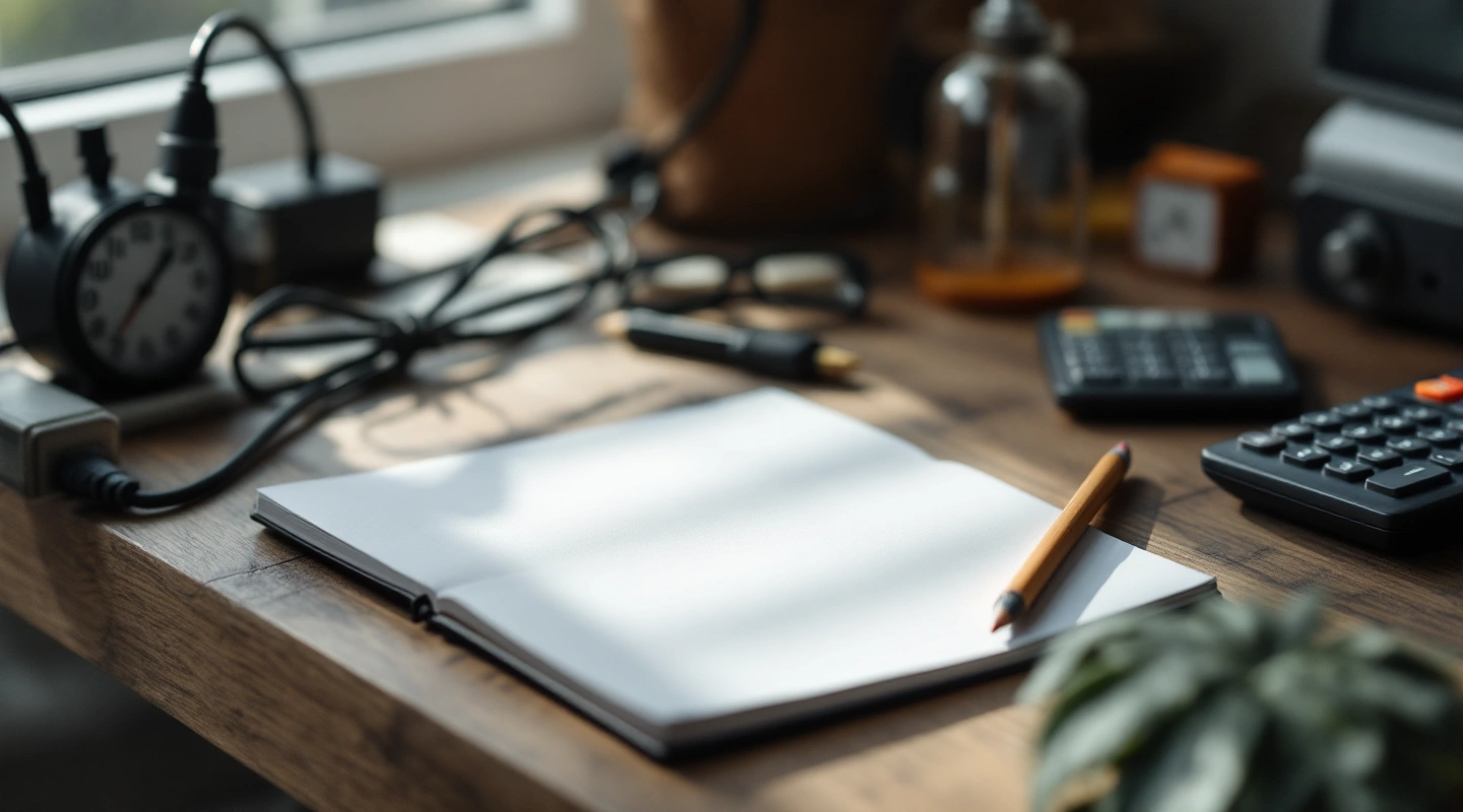 Blank notebook, calculator and disconnected cord on a desk.