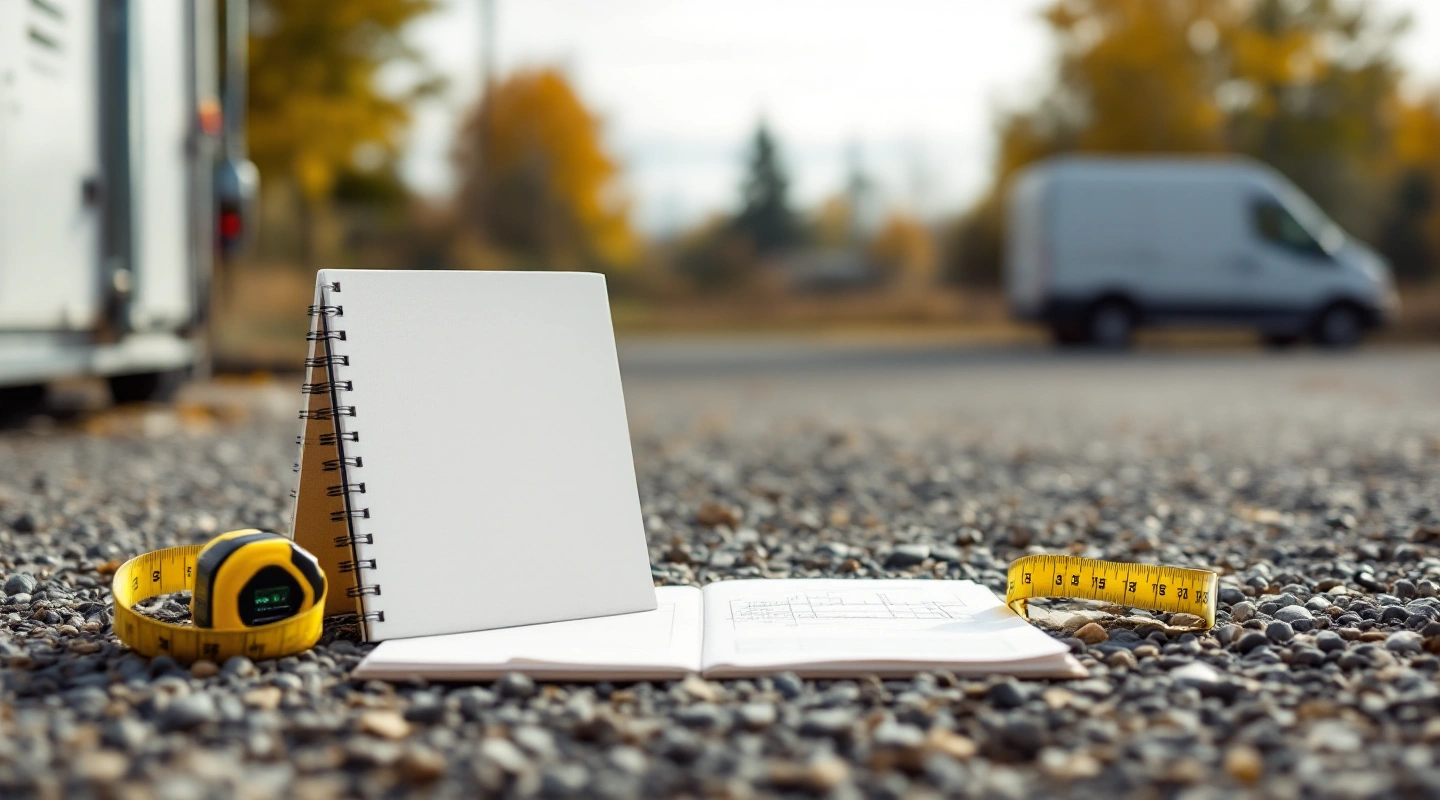 Notebook and tape measure in a dry outdoor planning area.
