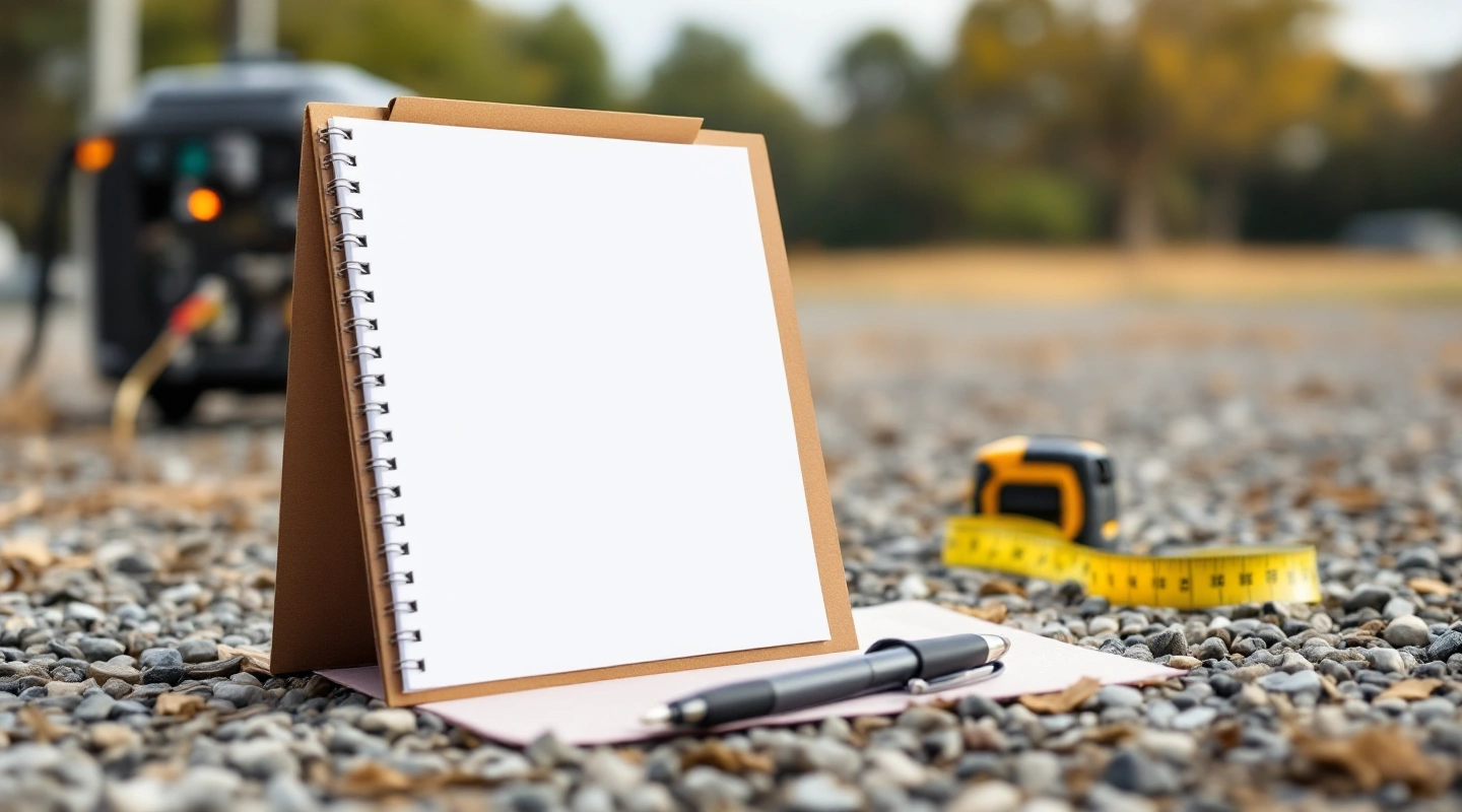 Blank notebook and tape measure on open gravel.