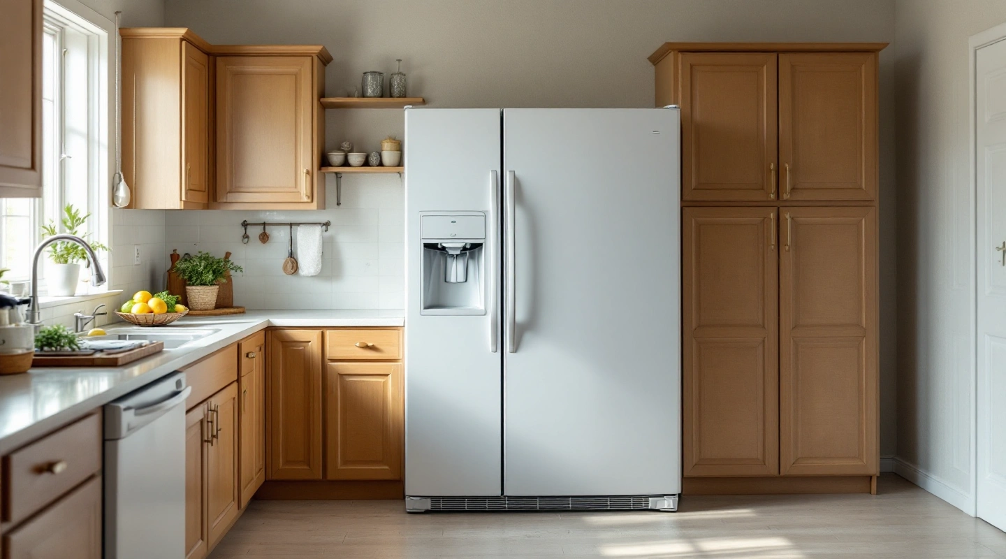 Closed refrigerator and freezer in a bright kitchen.