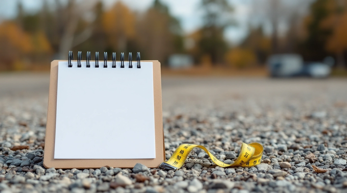 Blank notebook and tape measure on gravel.