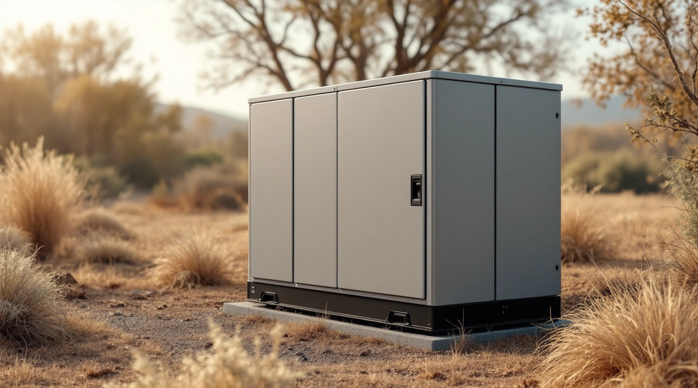 Closed gray utility enclosure in a broad outdoor landscape.